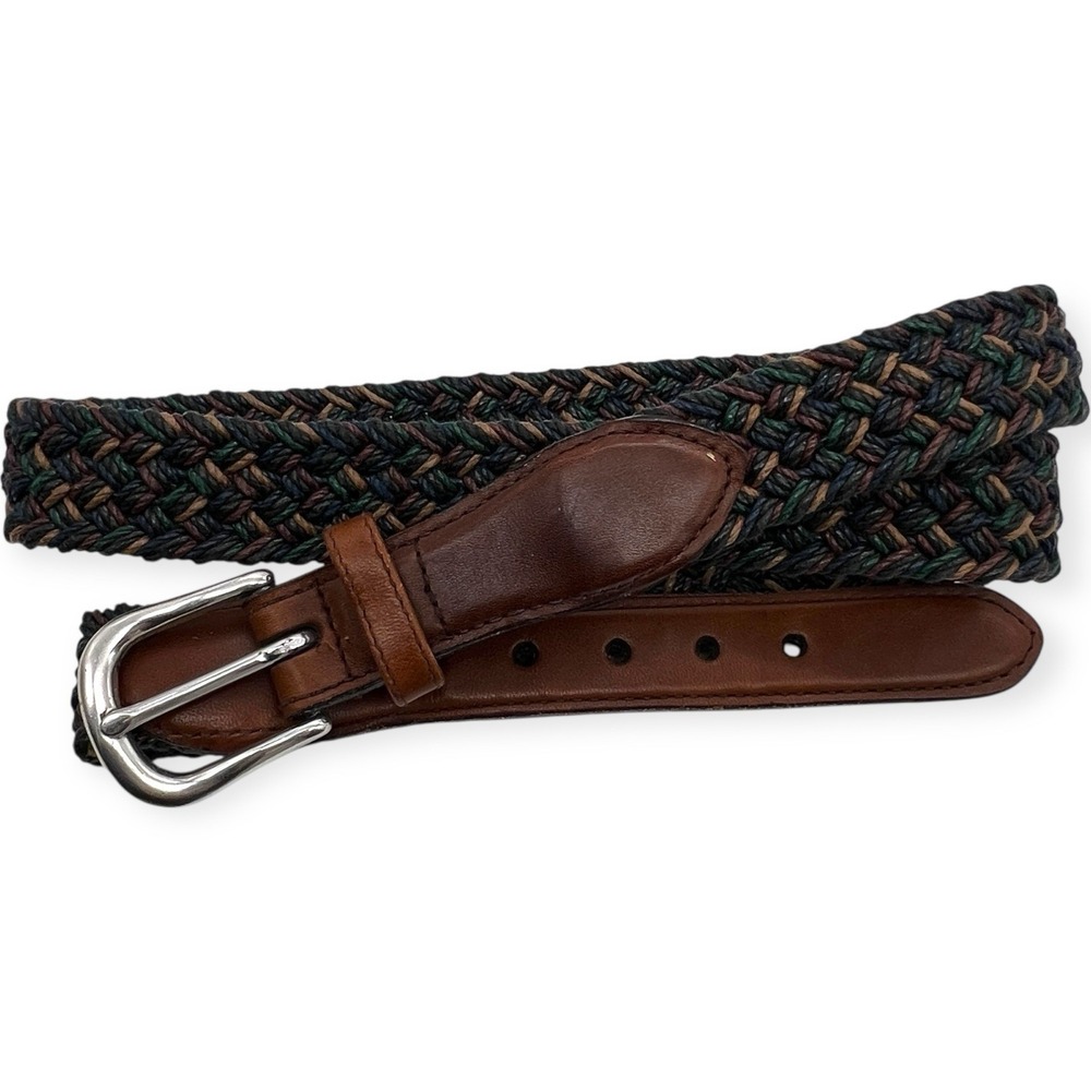 Western  Rainbow Woven Belt VTG Canterbury Leather Trim Silver‎ Brass Buckle 36